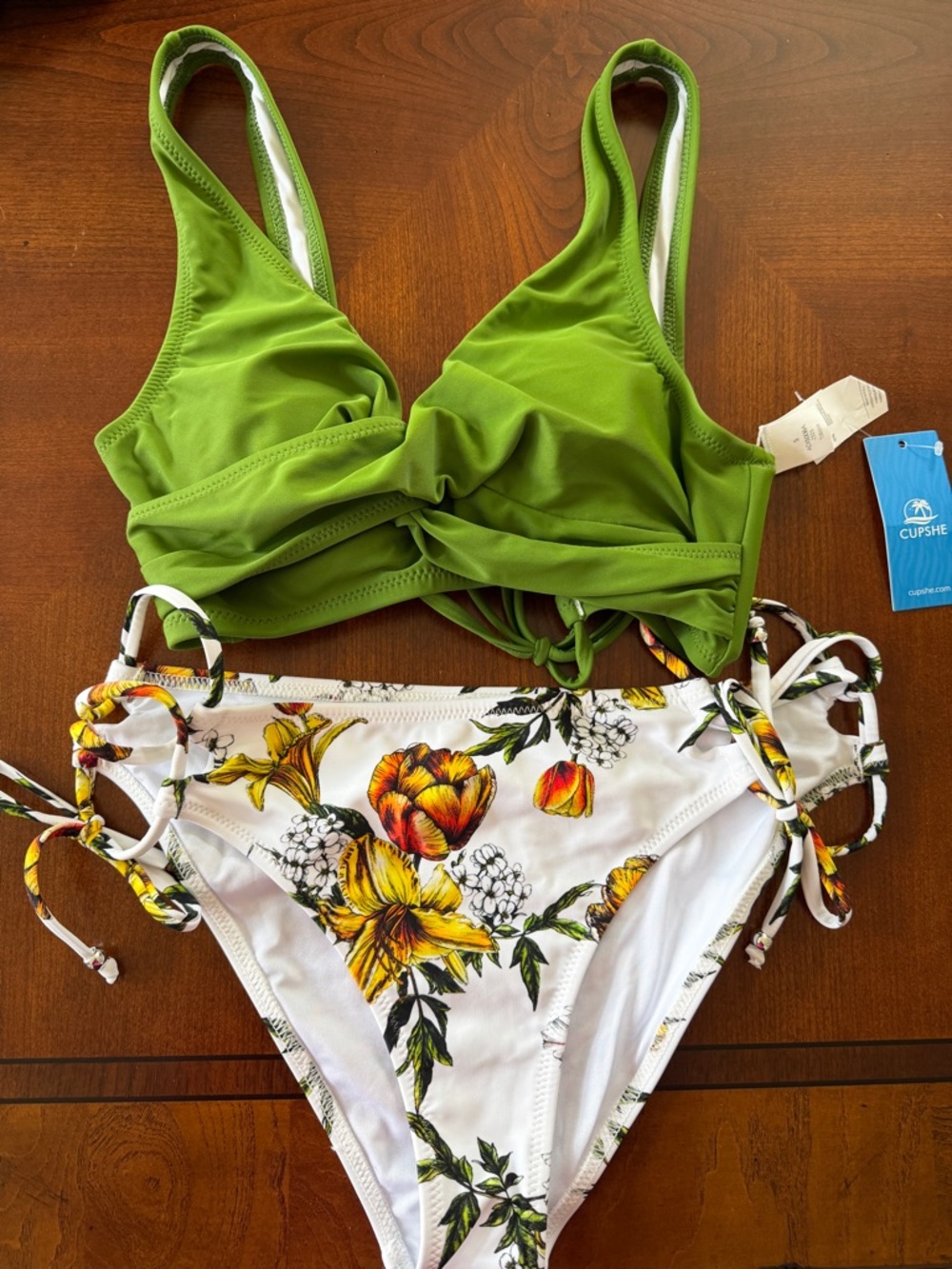 CUPSHE Olive Green Wrap Bikini Top with Floral High-Waist Tie-Side Bottoms NWT S - Picture 4 of 5